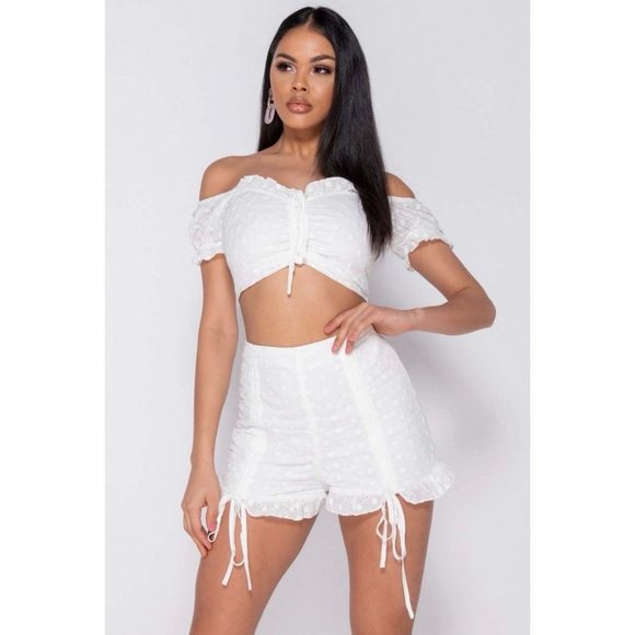 Tops - White Lace Short Sleeve Off Shoulder Crop Top and Shorts Two Piece Set